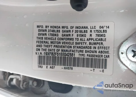 2014 Honda Civic Lx z USA, uszkodzony, nr VIN 19XFB2F51EE042551